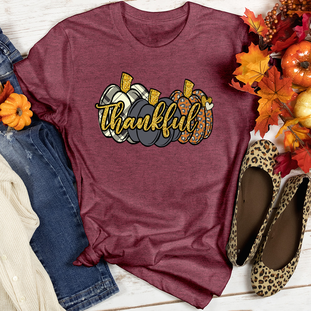 Thankful Gold Text Pumpkins Heathered Tee