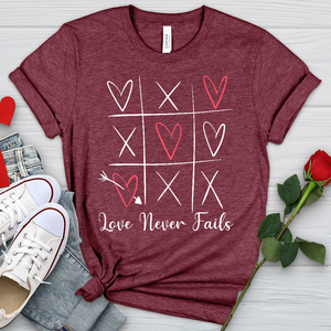 Love Never Fails Tic Tac Toe Heathered Tee