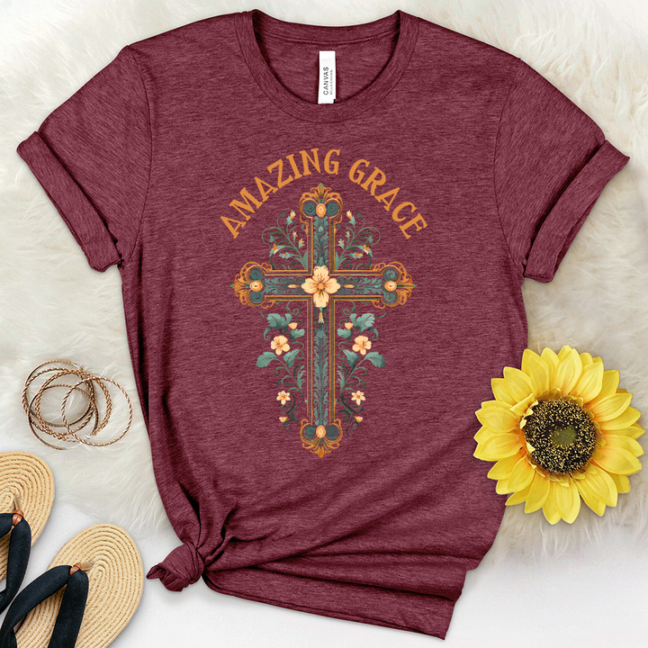 Amazing Grace Ornate Cross Heathered Tee