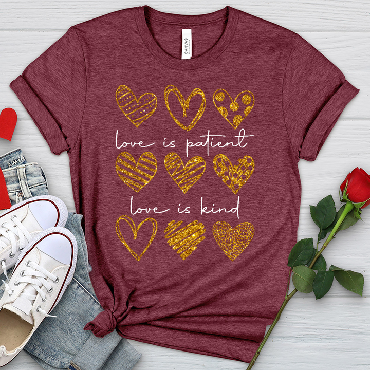 Love Is Patient Gold Hearts Heathered Tee