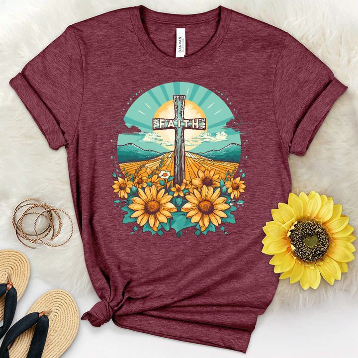 Faith Cross Sunflower Scene Heathered Tee