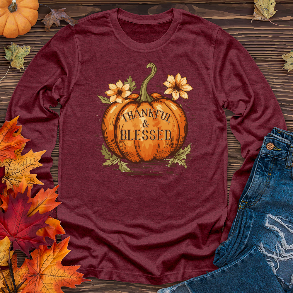 Thankful & Blessed Floral Pumpkin Long Sleeve Tee