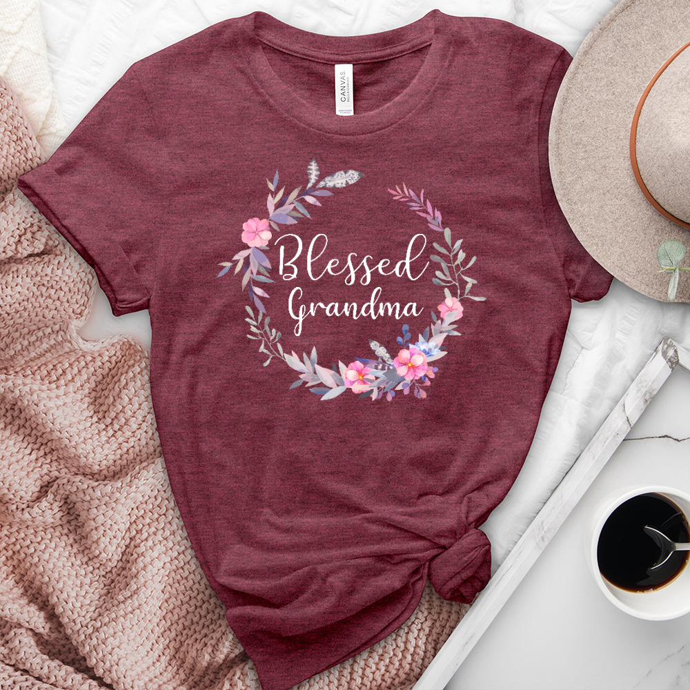 Blessed Grandma Pink Wreath Heathered Tee