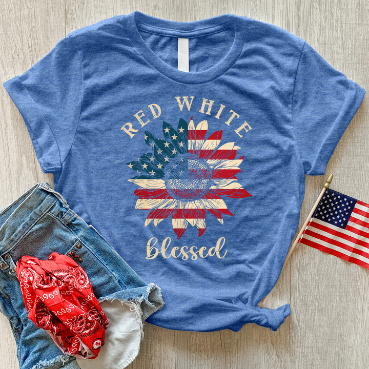Red White Blessed Sunflower Heathered Tee
