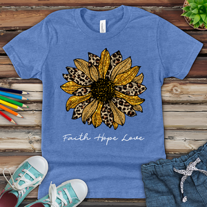 Faith Hope Love Leopard Sunflower Youth Heathered Tee