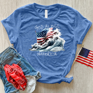 Waving American Flag With Ocean Waves Heathered Tee