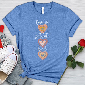 Love Is Patient Vertical Hearts Heathered Tee