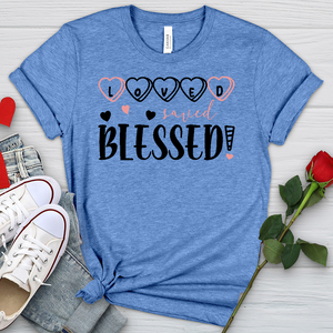 Loved Saved Blessed Candy Heathered Tee