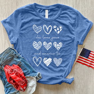 She Loves Jesus Heart Pattern Heathered Tee