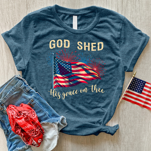 God Shed Fireworks Waving Flag Heathered Tee