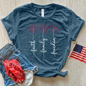 Faith Family Fireworks Art Heathered Tee