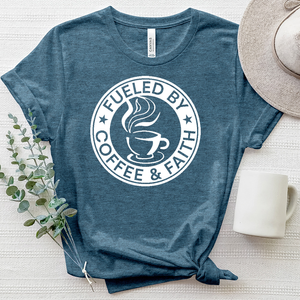 Fueled by Coffee and Faith Logo Heathered Tee