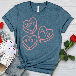 Loved Saved Blessed Candy Heathered Tee