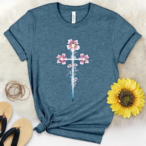 Pink Flowers Cross Heathered Tee