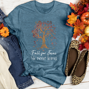 Fall for Jesus He Never Leaves Heathered Tee