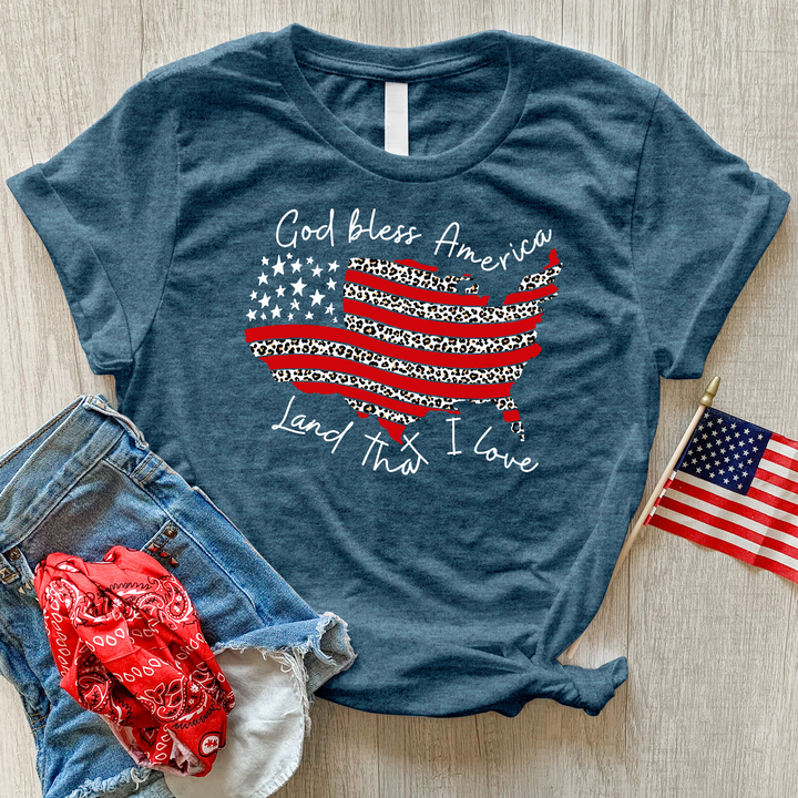God Bless America Leopard Heathered Tee