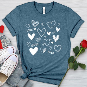 Love Never Fails Assorted Hearts Heathered Tee