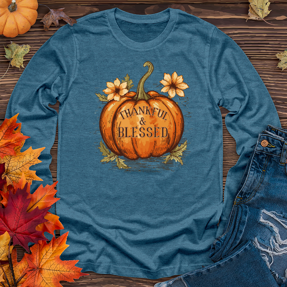 Thankful & Blessed Floral Pumpkin Long Sleeve Tee