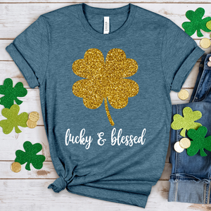 Lucky & Blessed Gold Glittery Shamrock Heathered Tee