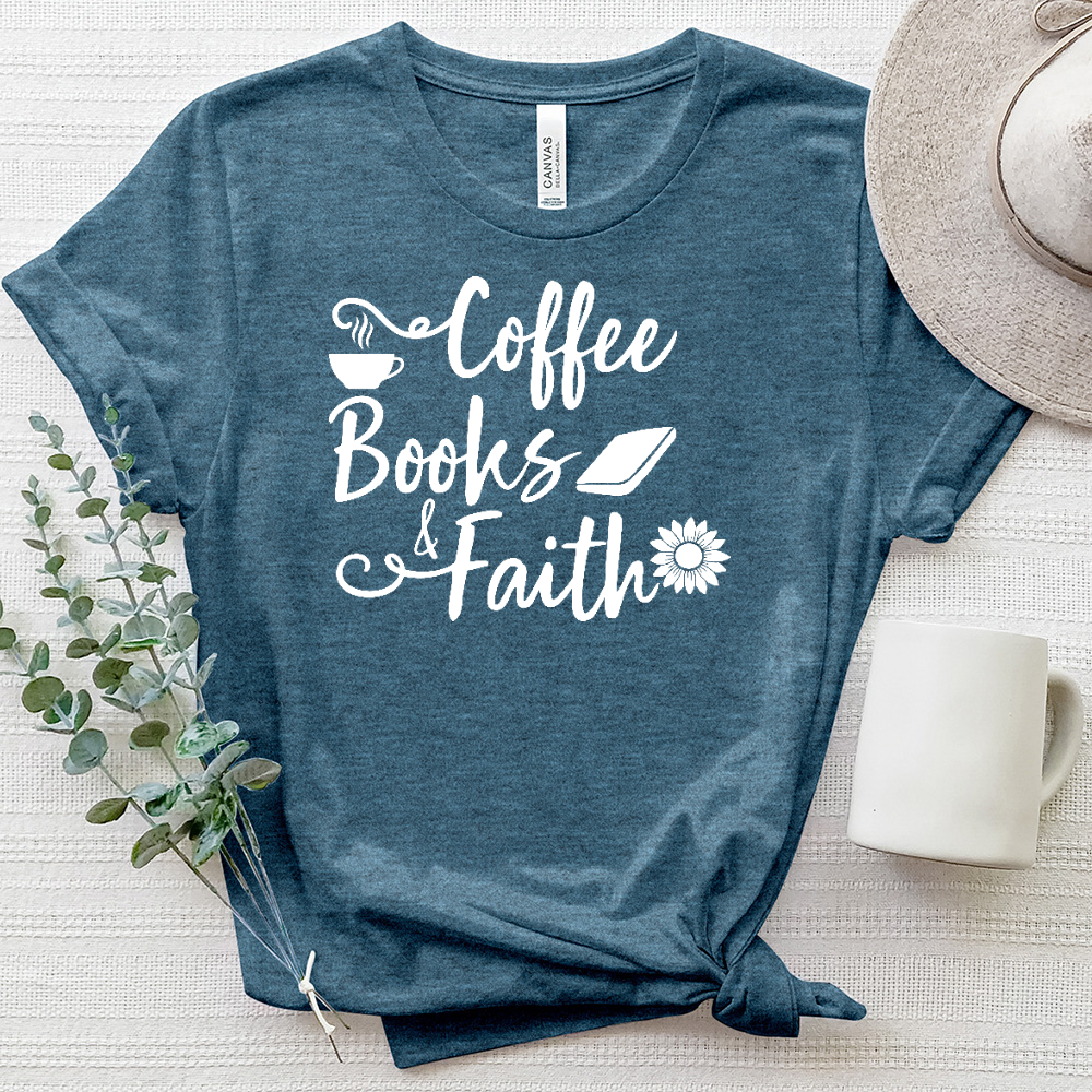 Coffee Books and Faith Heathered Tee