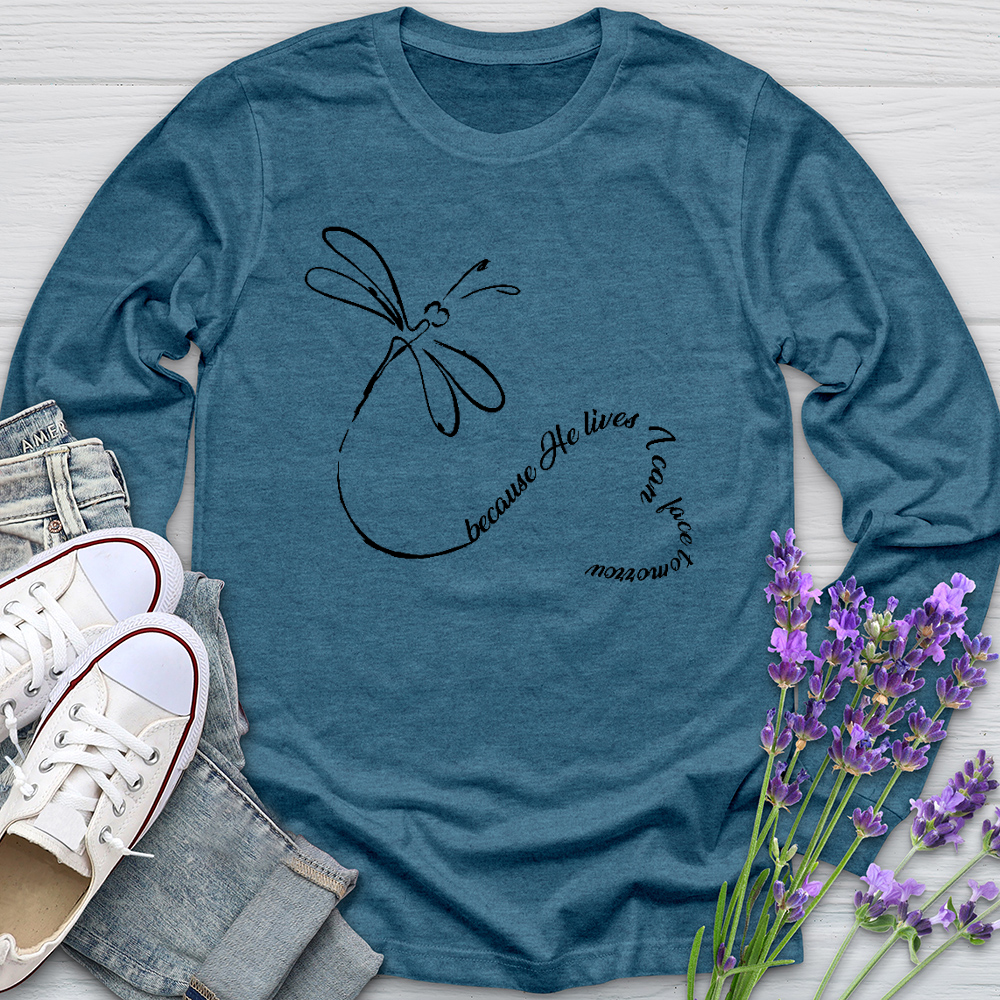 Because He Lives Dragonfly Heart Long Sleeve Tee