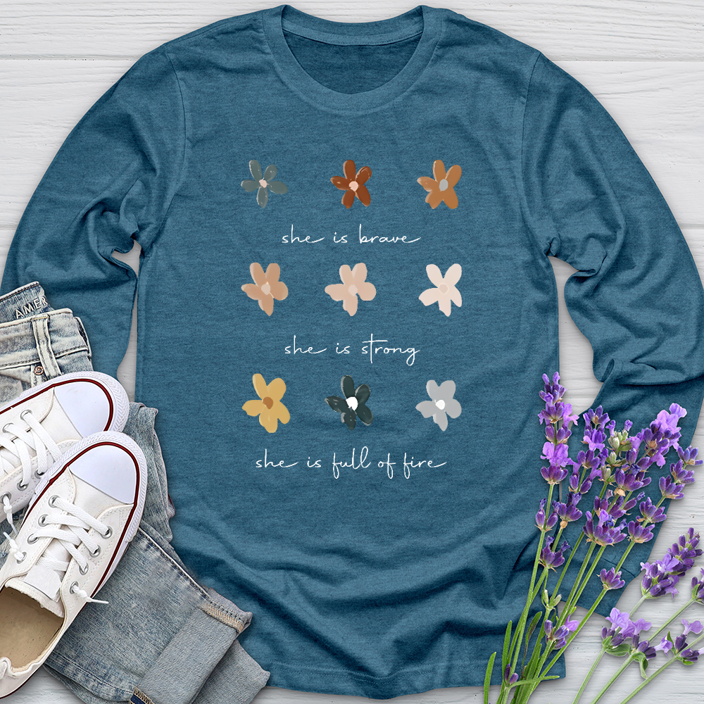 She Is Brave Flower Pattern  Long Sleeve Tee