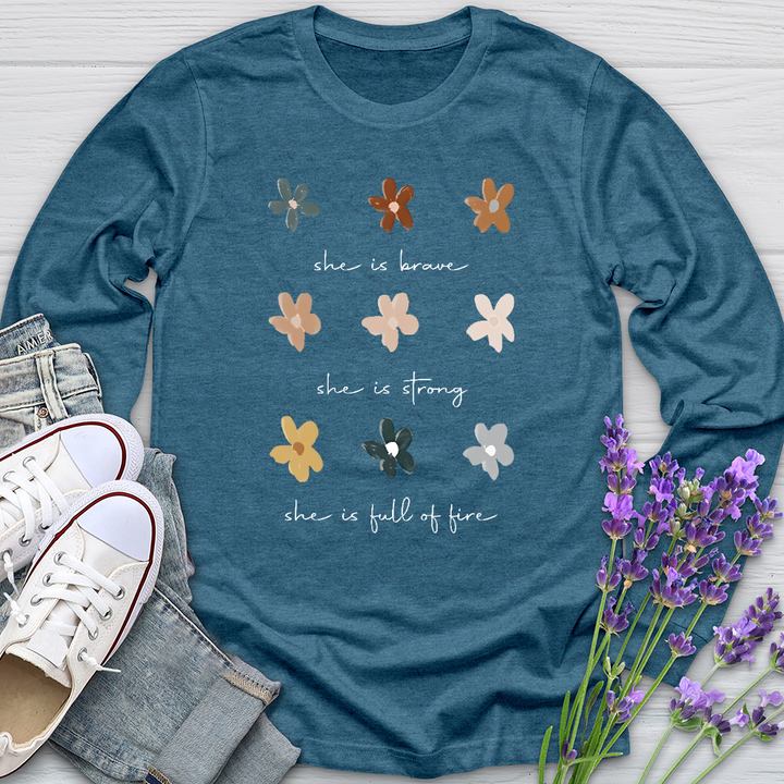 She Is Brave Flower Pattern  Long Sleeve Tee