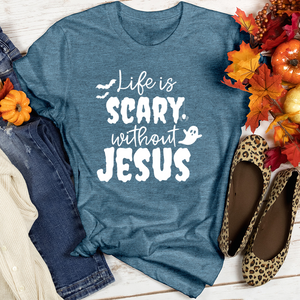 Life Is Scary Without Jesus Heathered Tee