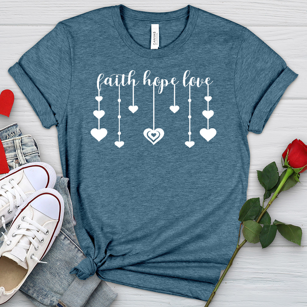 Faith Hope Love Dangling Hearts Heathered Tee