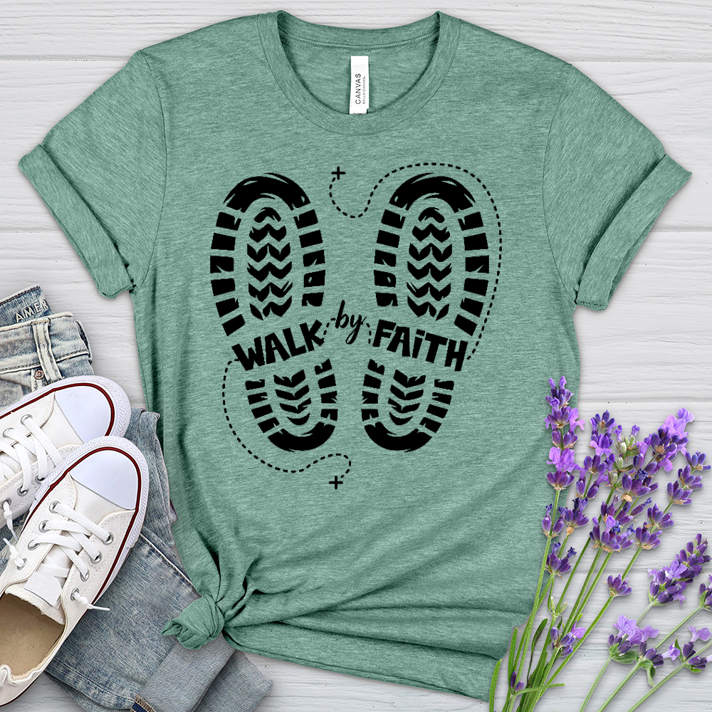 Walk By Faith Footprints Heathered Tee - Christian Lifestyle Collections