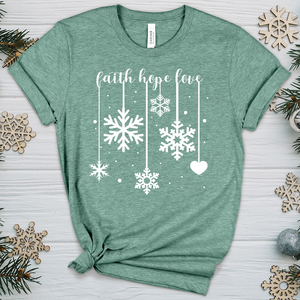 Faith Hope Love Dangling Snowflakes Heathered Tee