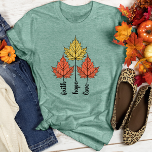 Faith Hope Love Retro Fall Leaf Trio Heathered Tee