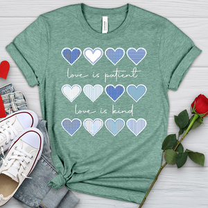 Love Is Patient Blue Hearts Heathered Tee