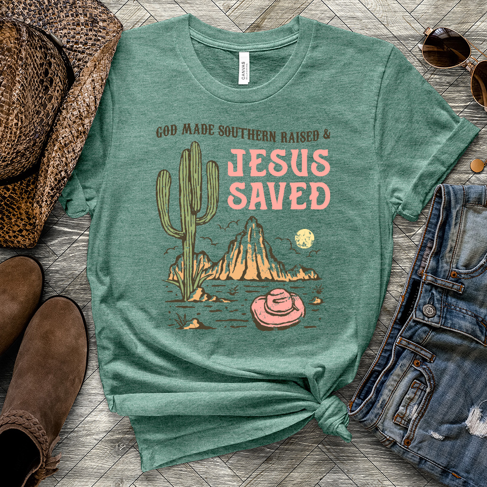 Southern Raised Jesus Saved Heathered Tee