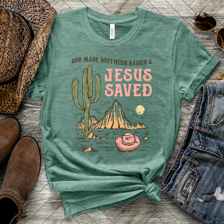 Southern Raised Jesus Saved Heathered Tee
