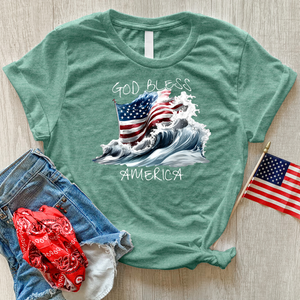 Waving American Flag With Ocean Waves Heathered Tee