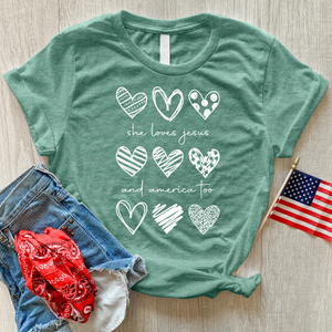 She Loves Jesus Heart Pattern Heathered Tee