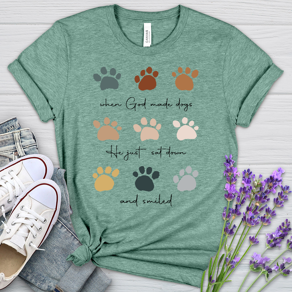 When God Created Dogs Paw Prints Heathered Tee