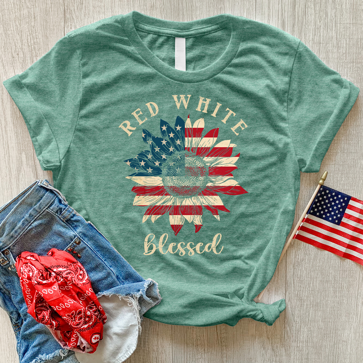 Red White Blessed Sunflower Heathered Tee
