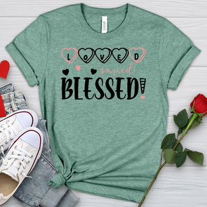 Loved Saved Blessed Candy Heathered Tee