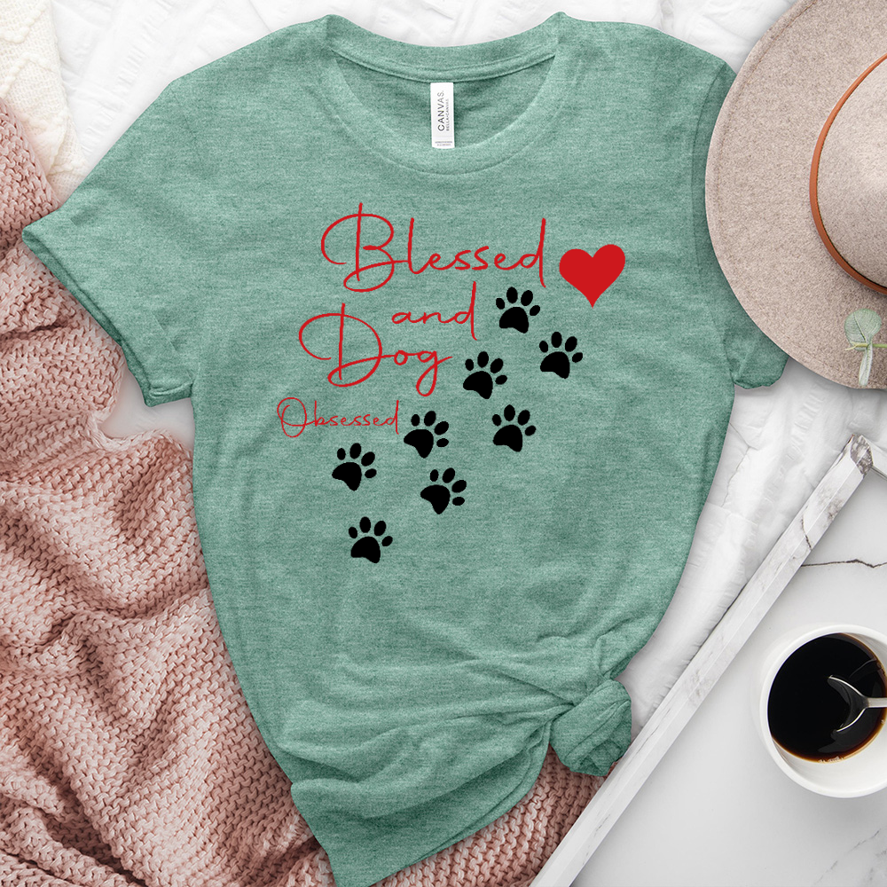 Blessed and Dod Obsessed Paw Print Heathered Tee