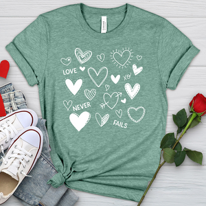 Love Never Fails Assorted Hearts Heathered Tee