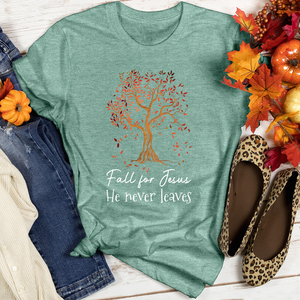 Fall for Jesus He Never Leaves Heathered Tee