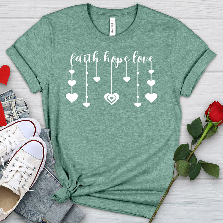 Faith Hope Love Dangling Hearts Heathered Tee