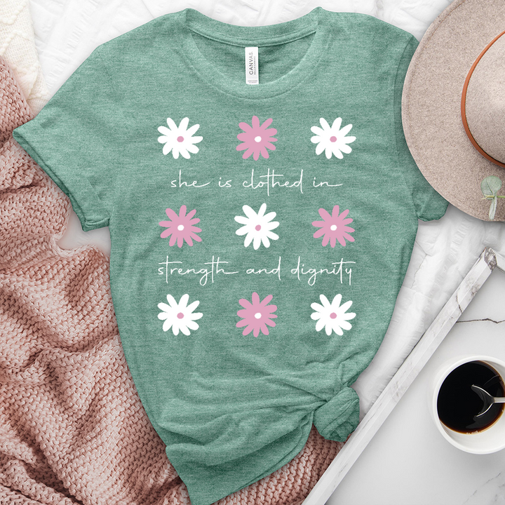 She Is Clothed Pink Daisy Pattern Heathered Tee