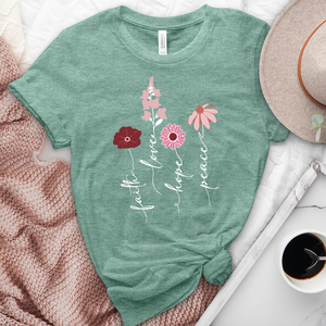 Bloom Faith Hope Love Peace Heathered Tee