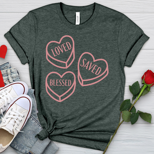 Loved Saved Blessed Candy Heathered Tee