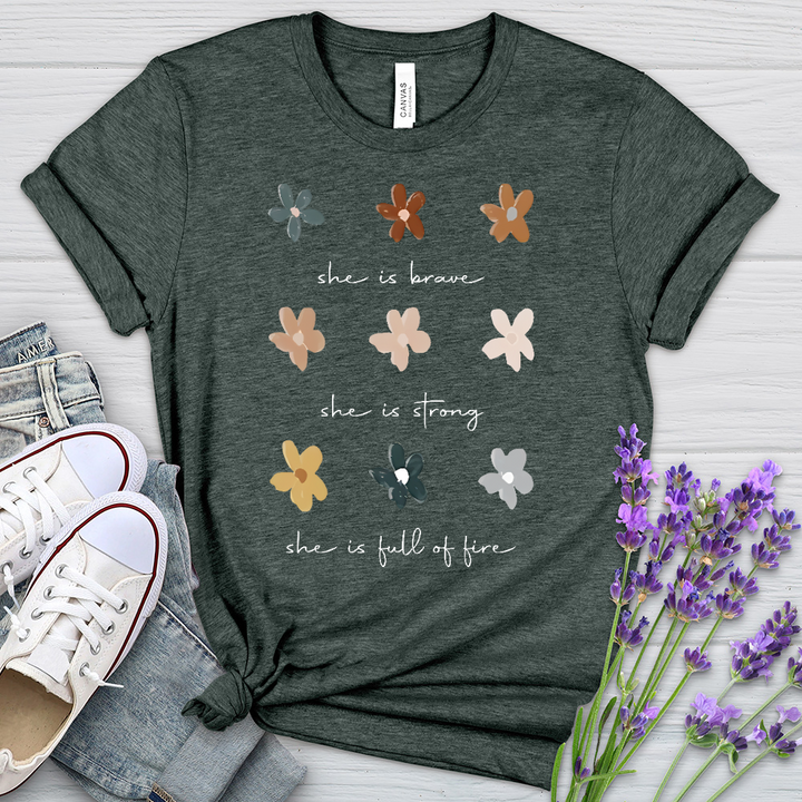 She Is Brave Flower Pattern Heathered Tee