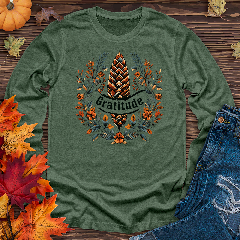 Herringbone Pinecone Gratitude Long Sleeve Tee