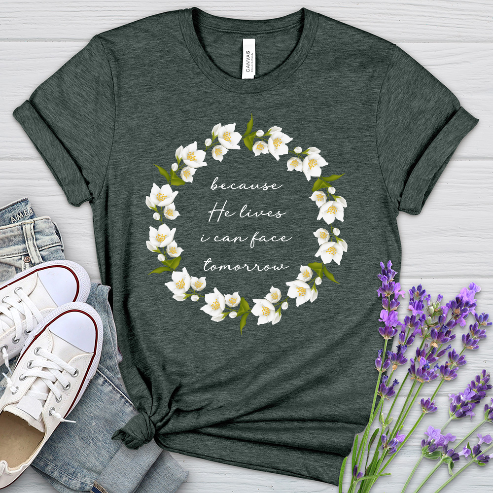 Because He Lives Wreath Heathered Tee